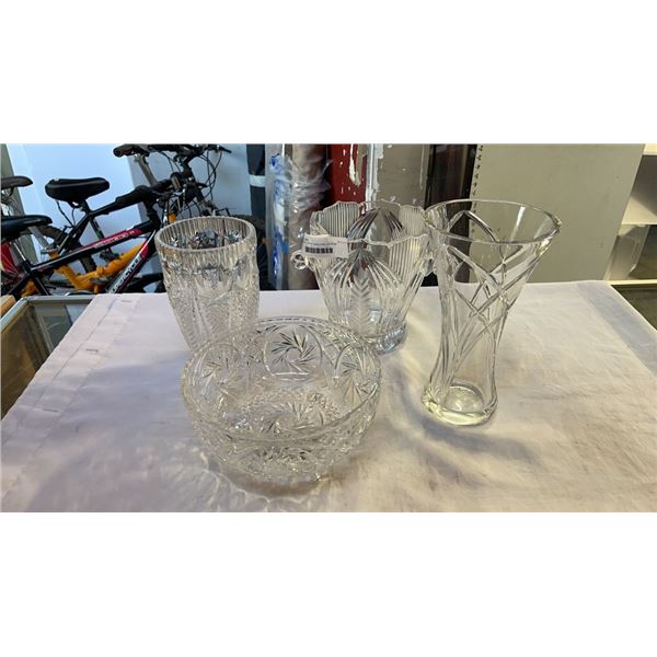 3 LARGE CRYSTAL VASES AND CRYSTAL FOOTED BOWL