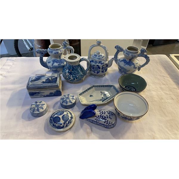 LOT OF BLUE AND WHITE ORIENTAL DISHES