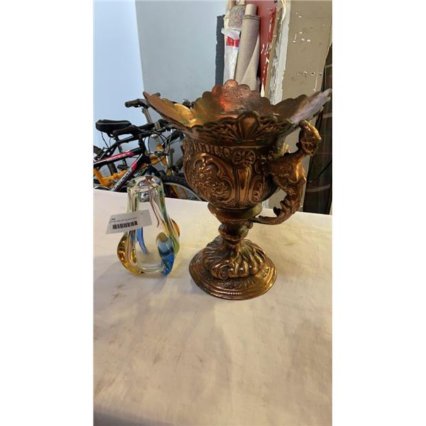 COPPER VASE AND ART GLASS VASE - CHIPPED