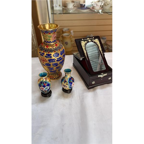 CLOISONNE VASES, AND INLAID EASTERN BOX