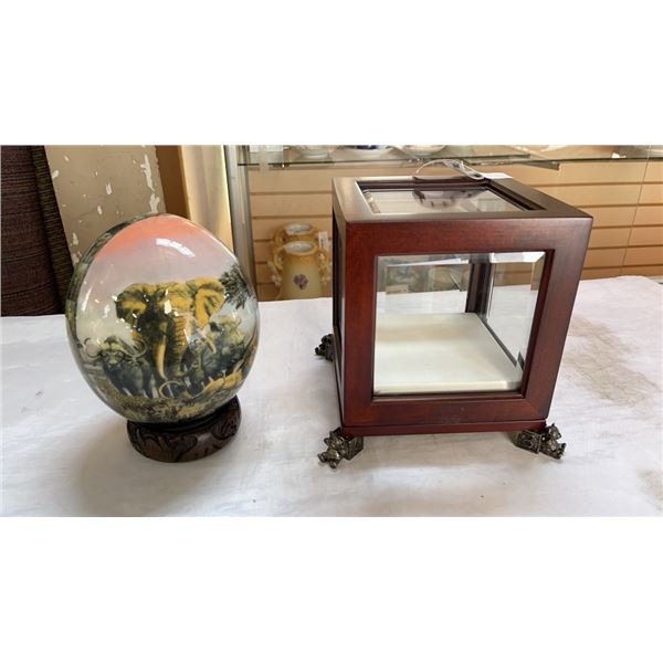 BEVELLED GLASS DISPLAY CASE AND OSTRICH EGG ART