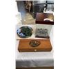 Image 1 : FIRST NATIONS GLASS ART LIDDED BOX, PEWTER SPOON, COLLECTOR PLATES, FIGURE