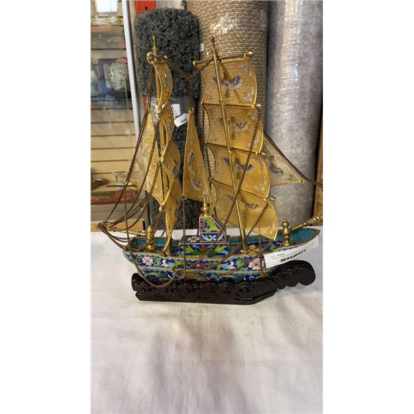 Chinese cloisonne egyptian king tut sarcophagi boat with carved base