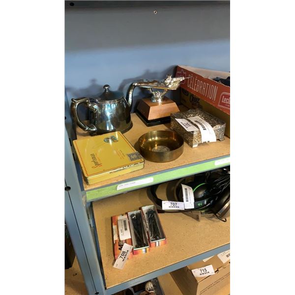 METAL TEAPOT, JEWELRY BOX, SHOOTING TROPHY, BRASS TRAY AND SPORTSMAN CIGARETTE TIN