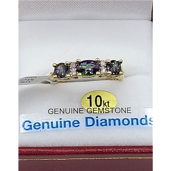 Yellow Gold Genuine Mystic Topaz & Dimond Ring