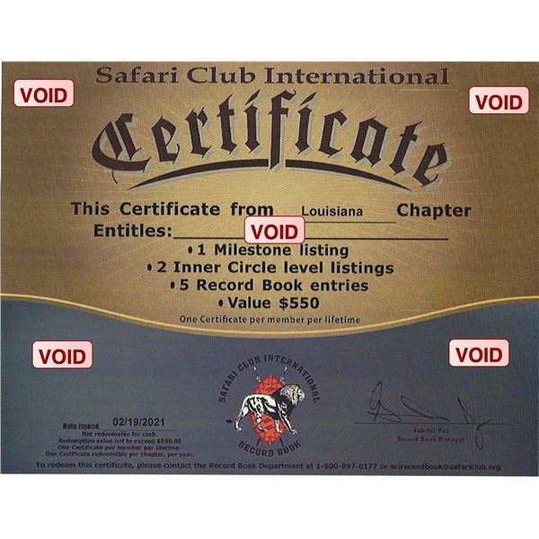 Safari Club International Record Book Certificate