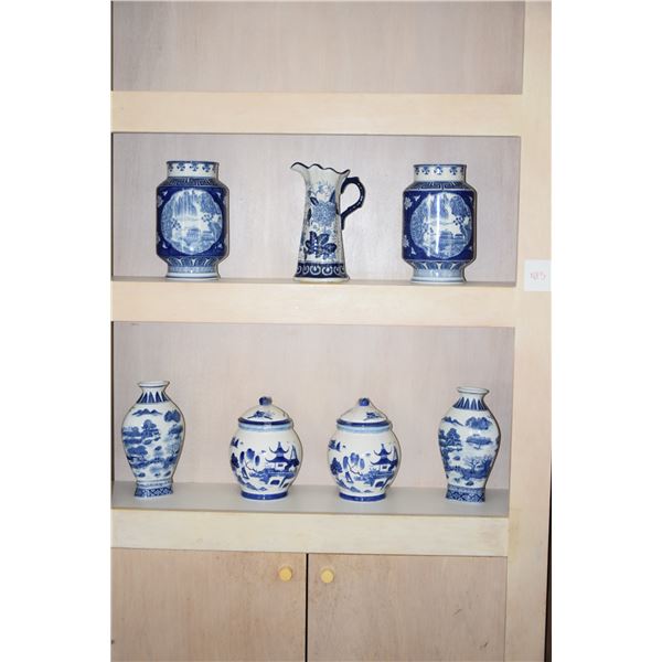 ASSORTED BLUE & WHITE VASES, PITCHER & COVERED JAR (11" , 12" & 14" TALL) (7 PCS)