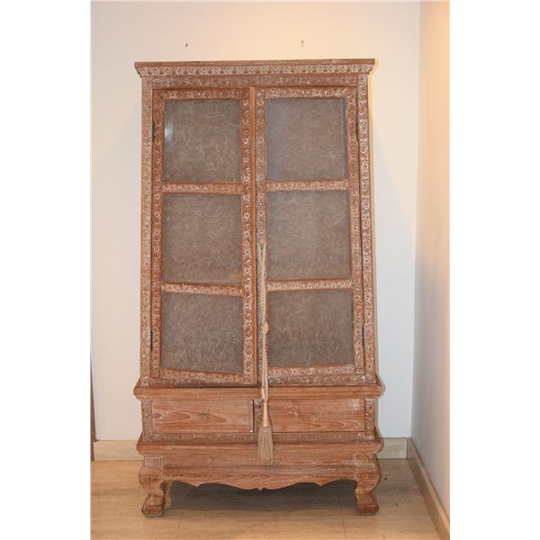 CARVED WOOD & GLASS DISPLAY CASE W/2 DOORS & 2 DRAWERS W/WHITEWASH FINISH (36" W X 66 " H)