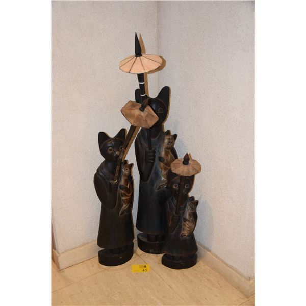 CARVED WOODEN CAT STATUARY (3 PCS) (29" H X 40" H & 50" H)