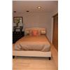 Image 1 : UPHOLSTERED QUEEN SIZE BED FRAME W/BEAUTYREST RECHARGE (LIKE NEW) MATTRESS, QUILT & PILLOWS