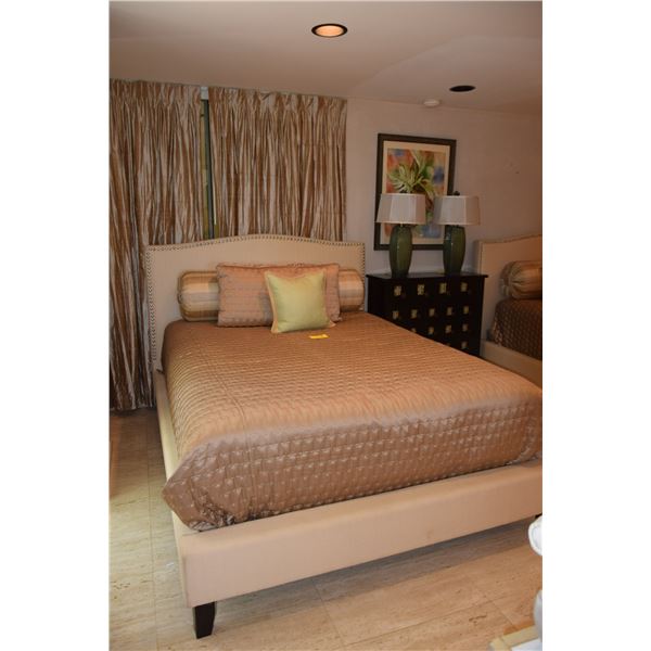 UPHOLSTERED QUEEN SIZE BED FRAME W/BEAUTYREST RECHARGE (LIKE NEW) MATTRESS, QUILT & PILLOWS
