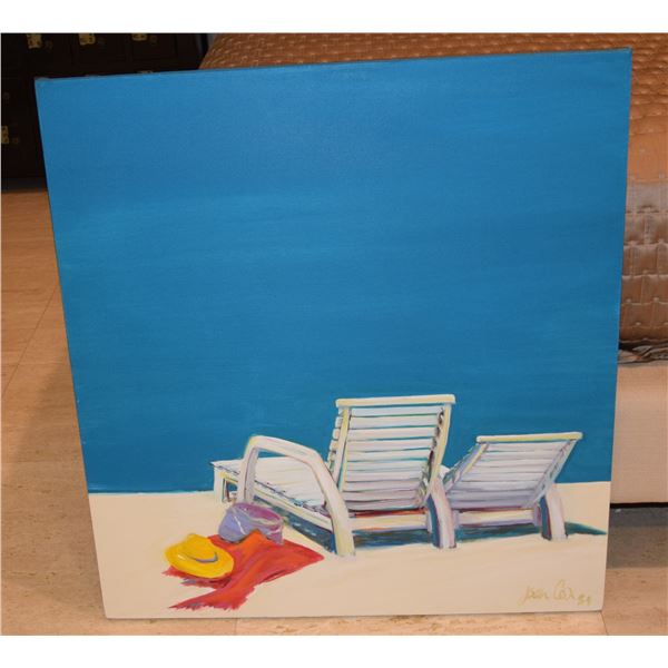 UNFRAMED OIL ON CANVAS, "GOOD SEATS"; SIGNED JOAN COX '89 (33" W  X 35 1/2" H)
