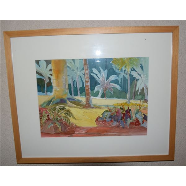 FRAMED WATERCOLOR, "THE PARK"; JOAN ALLEN (21" W X 17 1/4" H)