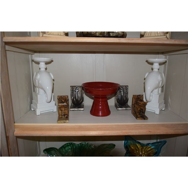 CANDLE HOLDERS, BOOKENDS & LACQUER PEDESTAL BOWL (7 PCS)