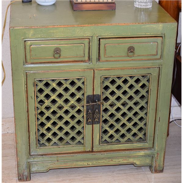 GREEN WOOD SIDE CABINETS W/2 DRAWERS & 2 DOORS (27" W X 29 1/2" H X 16 1/2" D) (PAIR)