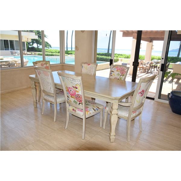 WOOD DINING TABLE W/6 UPHOLSTERED CHAIRS W/ONE LEAF