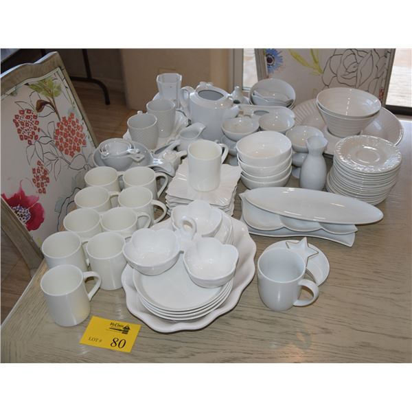 COLLECTION OF CUPS, SAUCERS, PLATES & SERVINGS PIECES (WHITE)