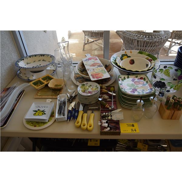 COLLECTION OF PLATES, BOWLS, CHEESE & OLIVE DISHES, CARAFES, SPREADERS, ETC.
