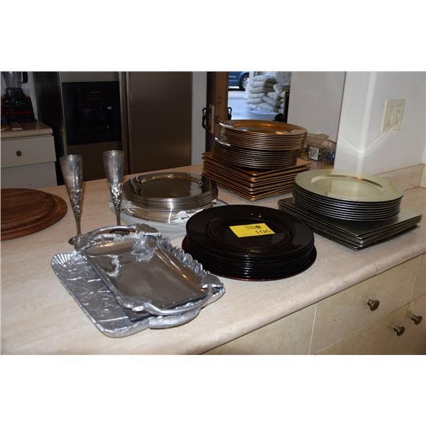 MIXED LOT: LACQUER & STAINLESS PLATES/CHARGERS, GODINGER FLUTES & PUPU TRAYS (83 PCS)