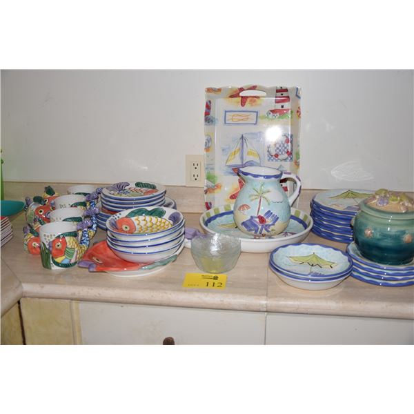 COLLECTION OF PLATES, BOWLS, PLATTERS, CUPS, TRAYS, ETC. W/FISH & BEACH MOTIF