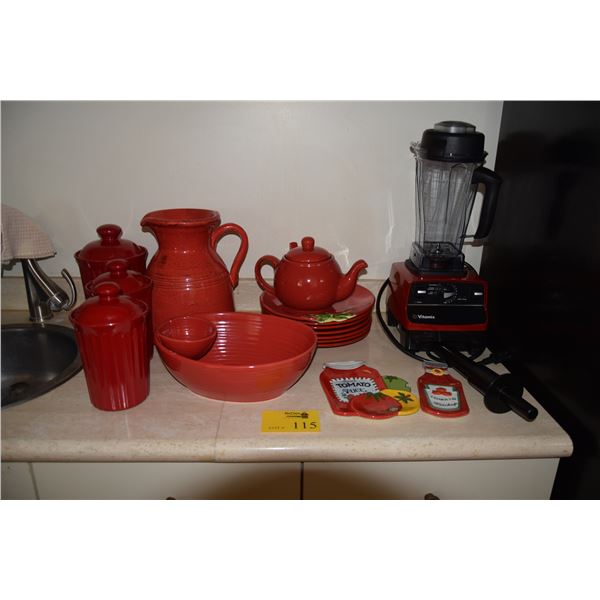 RED DISHES, CHIP/DIP BOWL, PITCHER, SPOON RESTS & VITAMIX BLENDER (13 PCS)