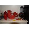 Image 1 : RED DISHES, CHIP/DIP BOWL, PITCHER, SPOON RESTS & VITAMIX BLENDER (13 PCS)