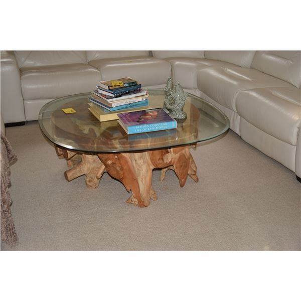 NATURAL WOOD TABLE BASE W/BEVELED GLASS TOP (48" X 48" & 38" D X 18" H)