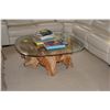 Image 1 : NATURAL WOOD TABLE BASE W/BEVELED GLASS TOP (48" X 48" & 38" D X 18" H)