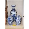Image 1 : BLUE & WHITE VASE & COVERED JARS (3 PCS)