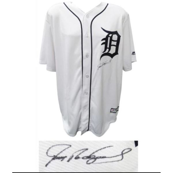 IVAN RODRIGUEZ SIGNED DETROIT TIGERS WHITE MAJESTIC REPLICA BASEBALL JERSEY (SCHWARTZ COA)