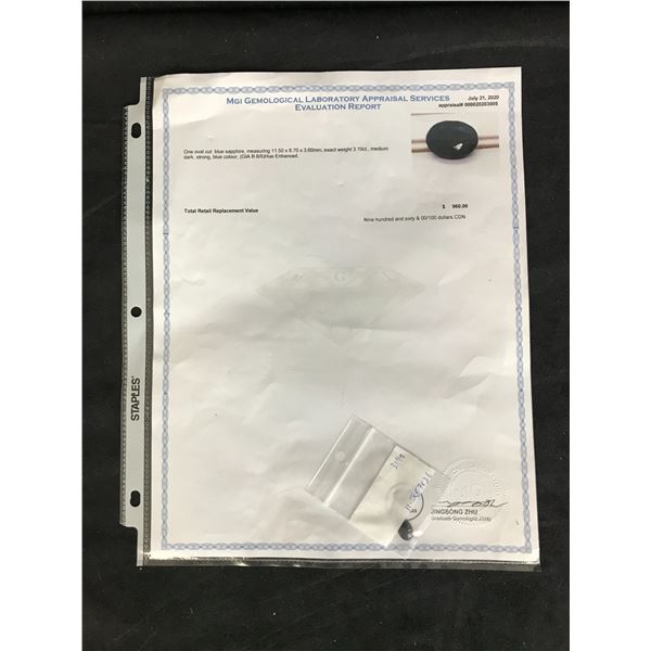 ONE OVAL CUT BLUE SAPPHIRE Medium Dark strong Blue Colour (EXACT WEIGHT 3.19CT) w/ APPRAISAL of $960