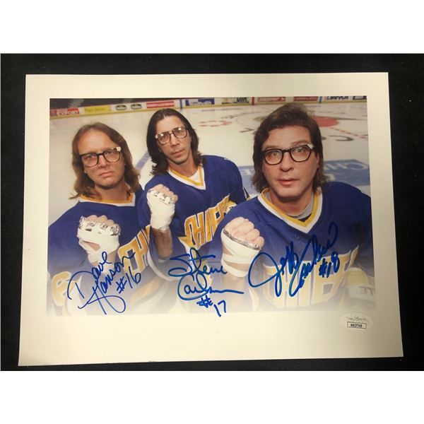 SLAP SHOTS HANSON BROTHERS TRIPLE SIGNED 8X10 PRINT (JSA COA)