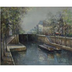 OIL PAINTING LUCIEN DELARUE FRENCH CANAL