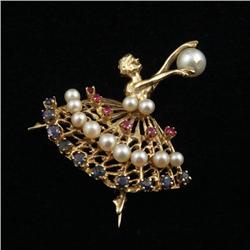 BALLERINA FORM BROOCH 14K SAPPHIRE, RUBY, PEARL