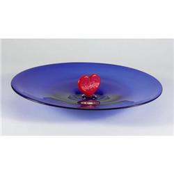 COBALT ART GLASS PLATTER SIGNED Q. PLESL