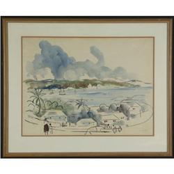 WATERCOLOR ALFRED BIRDSEY TROPICAL VILLAGE