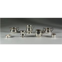 STERLING SILVER CUPS, NAPKIN RINGS, CREAMER