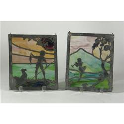 PAIR CHILD SCENES IN LEADED STAINED SLAG GLASS