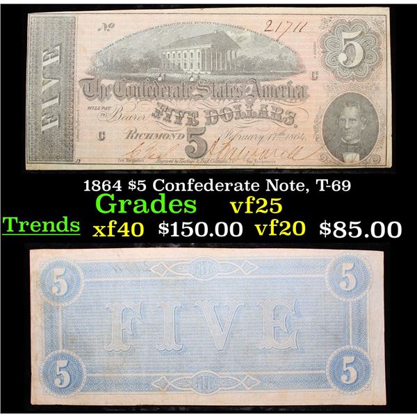 1864 $5 Confederate Note, T-69 Grades vf+