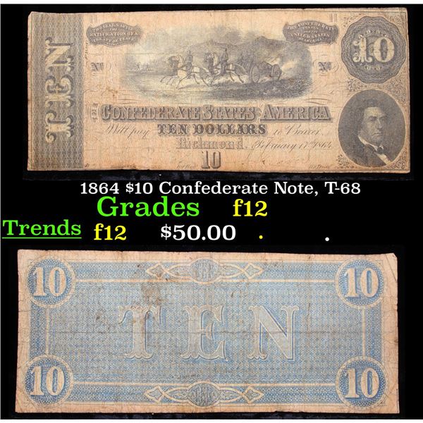 1864 $10 Confederate Note, T-68 Grades f, fine