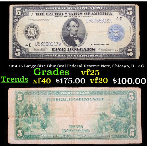 1914 $5 Large Size Blue Seal Federal Reserve Note, Chicago, IL  7-G Grades vf+