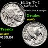 Image 1 : 1913-p Ty I Buffalo Nickel 5c Grades GEM Unc