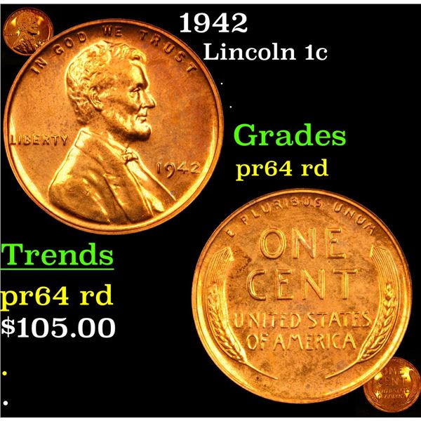 Proof 1942 Lincoln Cent 1c Grades Choice Proof Red