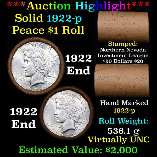 ***Auction Highlight***  AU/BU Slider Rutland Shotgun Solid Date Peace $1 Roll 1922 Virtually UNC (f