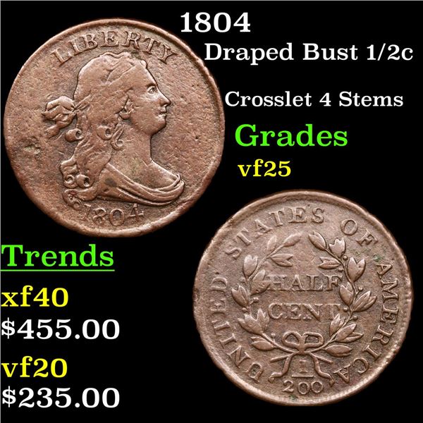 1804 Draped Bust Half Cent 1/2c Grades vf+