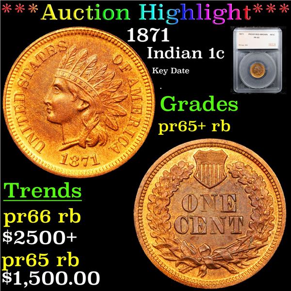 Proof ***Auction Highlight*** 1871 Indian Cent 1c Graded Gem+ Proof RB By SEGS (fc)