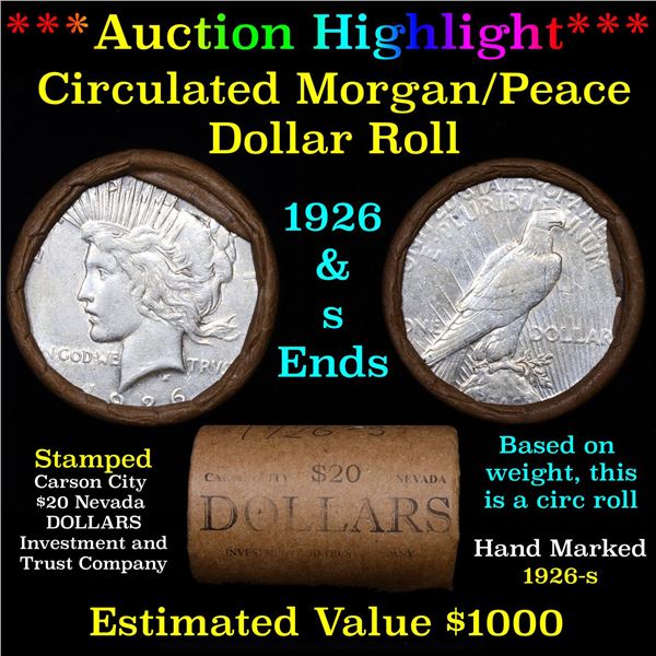 ***Auction Highlight*** Full solid Date 1926-s Peace silver dollar roll, 20 coin (fc)
