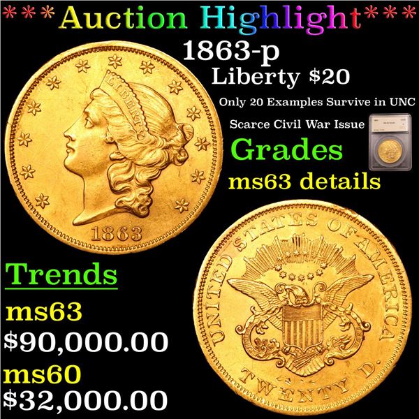 ***Auction Highlight*** 1863-p Gold Liberty Double Eagle $20 Graded ms63 details By SEGS (fc)