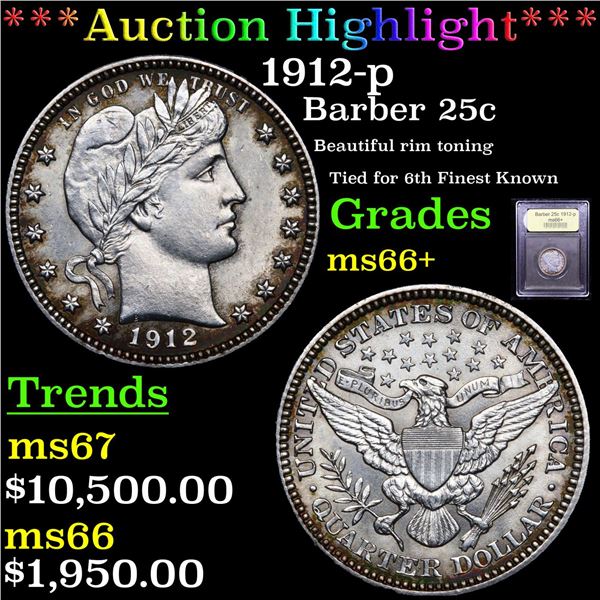 ***Auction Highlight*** 1912-p Barber Quarter 25c Graded GEM++ Unc By USCG (fc)