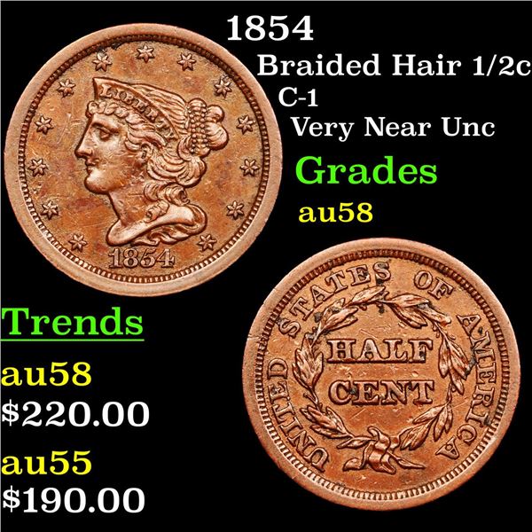 1854 Braided Hair Half Cent 1/2c Grades Choice AU/BU Slider